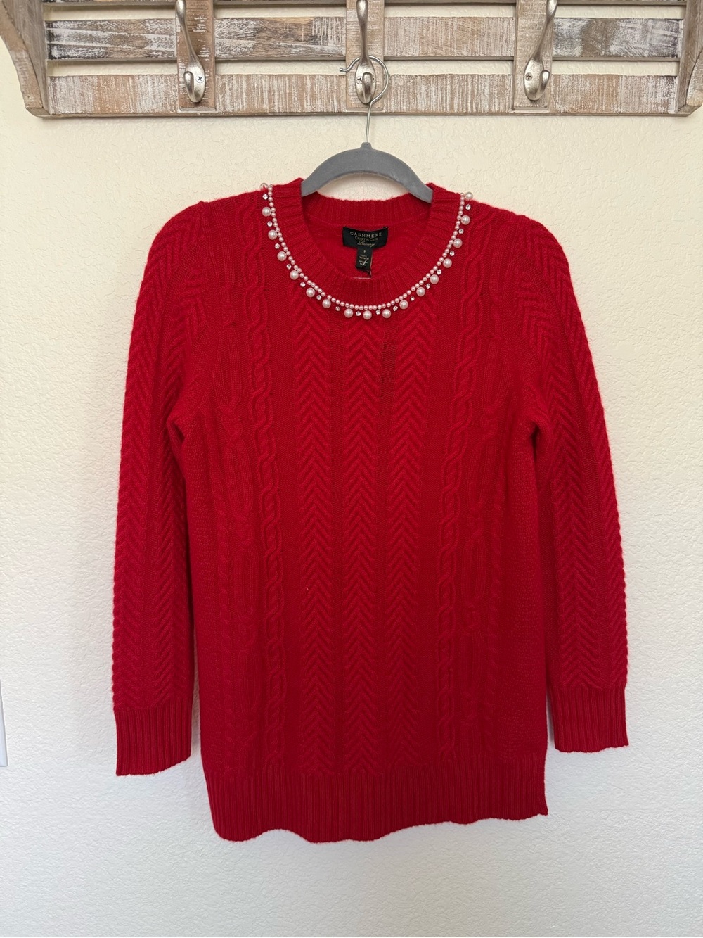 Charter Club Red Cable-Knit Cashmere Sweater with Pearl Necklace Trim